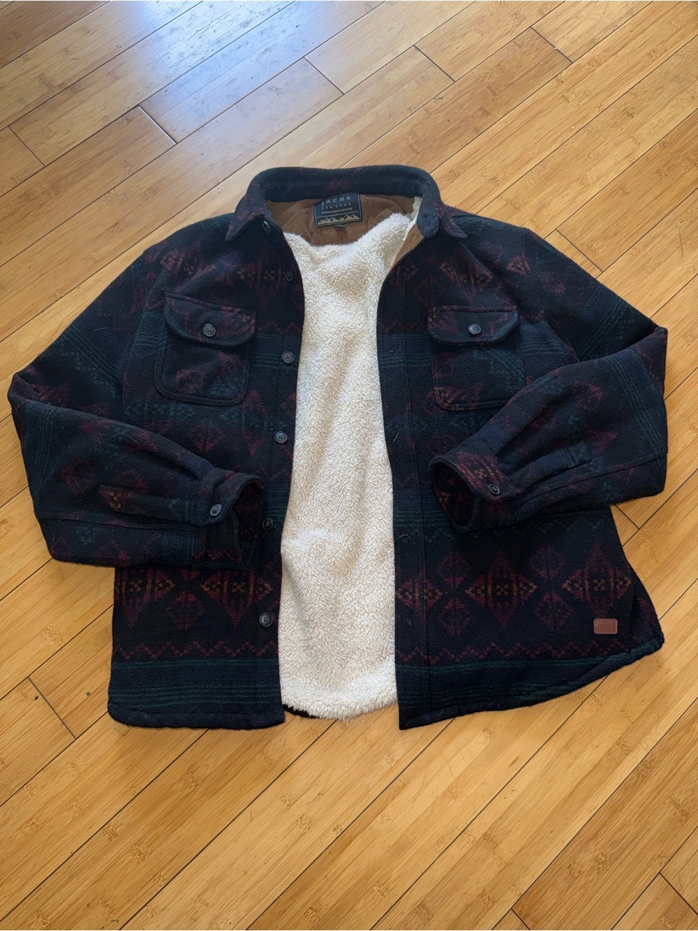 Jachs Sherpa-Lined Black & Burgundy Patterned Shacket
